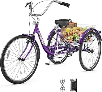 1/7 Speed Adult Tricycle, 24/26 Inch 3 Wheel Bikes with Large Basket, Cruiser Bike for Women/Men/Seniors, Adult Trike for Outdoor/Shopping/Recreation/Picnic