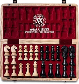 A&APremium Natural European Ash Folding Chess Set, w/ 15" Board & 3" King Height Staunton Chess Pieces, Includes 2 Extra Queens and a Storage Bag