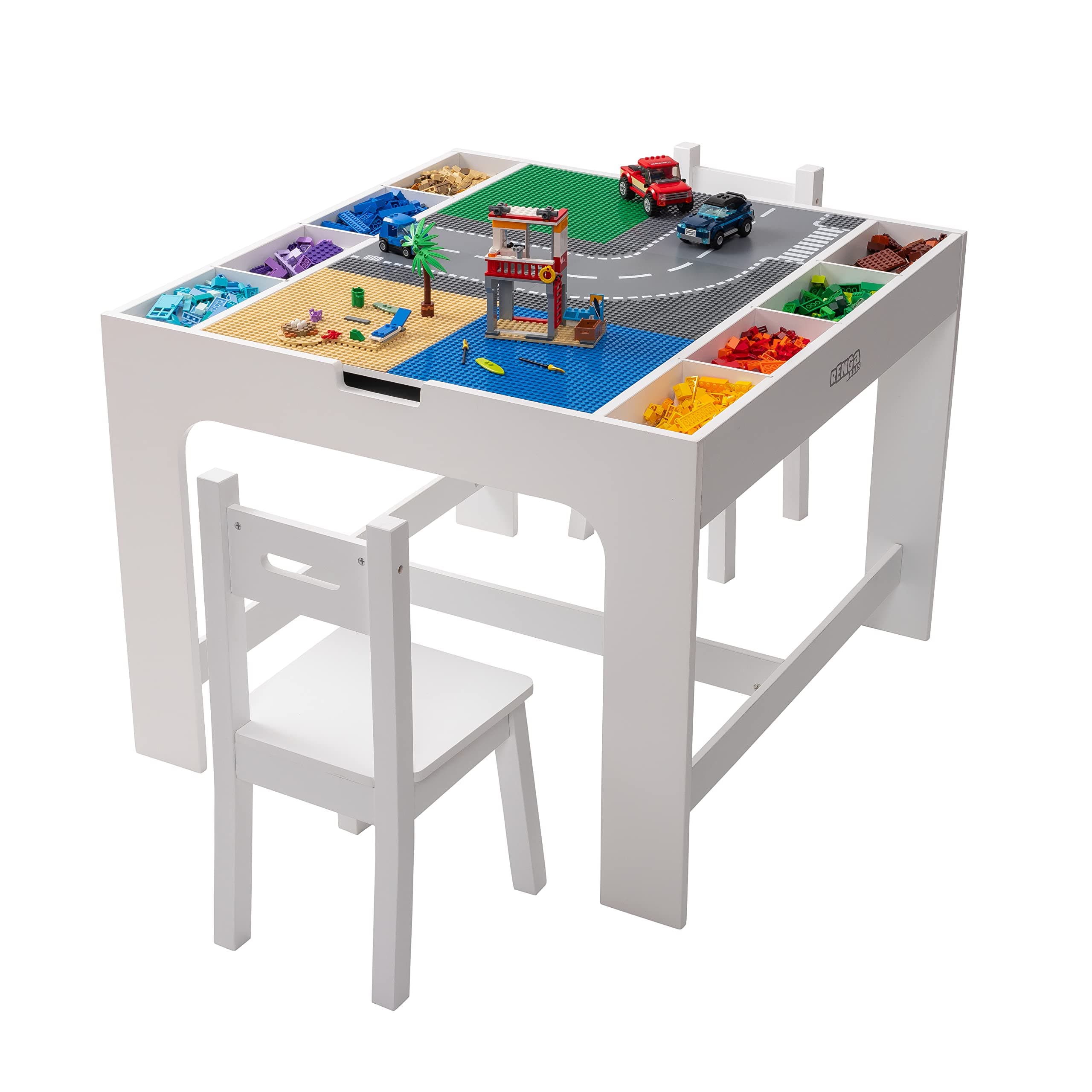 - Kids 2 in 1 Play Table and 2 Chair Set with Storage, Compatible with Lego and Duplo Bricks, Activity Table Playset Furniture with Modern White Color