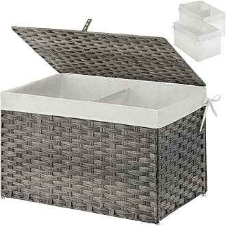 GREENSTELL Storage Basket with Lid, Handwoven Blanket Storage Basket with Cotton Liner and Metal Frame, Foldable & Easy to Install, Shelf Basket Bin with Handle for Bedroom, Laundry Room Grey 105L