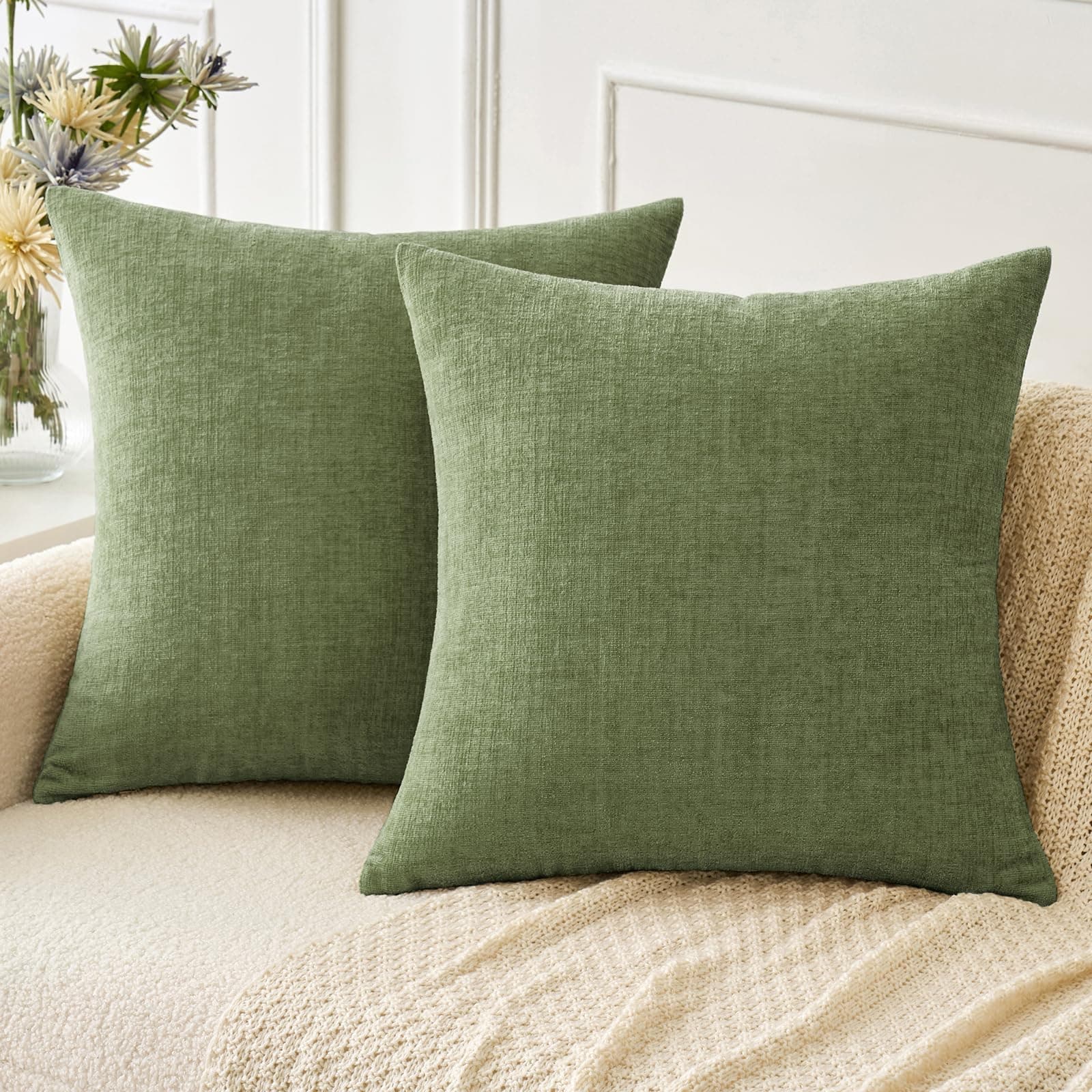 MIULEE Pack of 2 Couch Throw Pillow Covers 18x18 Inch Soft Sage Green Chenille Christmas Pillow Covers for Sofa Living Room Solid Dyed Pillow Cases