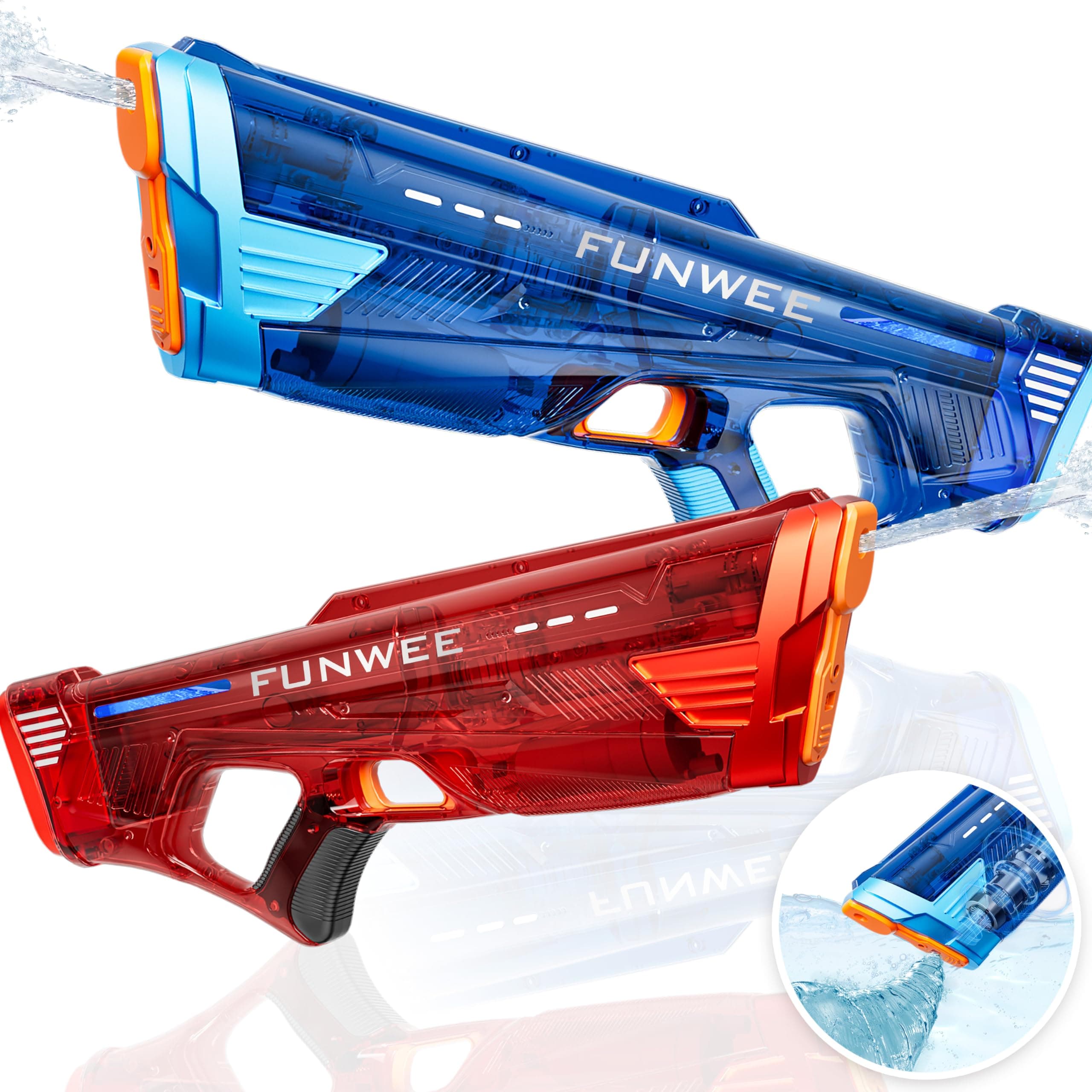 Funwee 2 Pack Electric Water Gun for Adults Kids, Powerful Automatic Squirt Gun, High Powered Shooting 100+ Times, Long Range, Auto Water Blaster, Pool Outdoor Water Toy(Transparent Blue+Red)