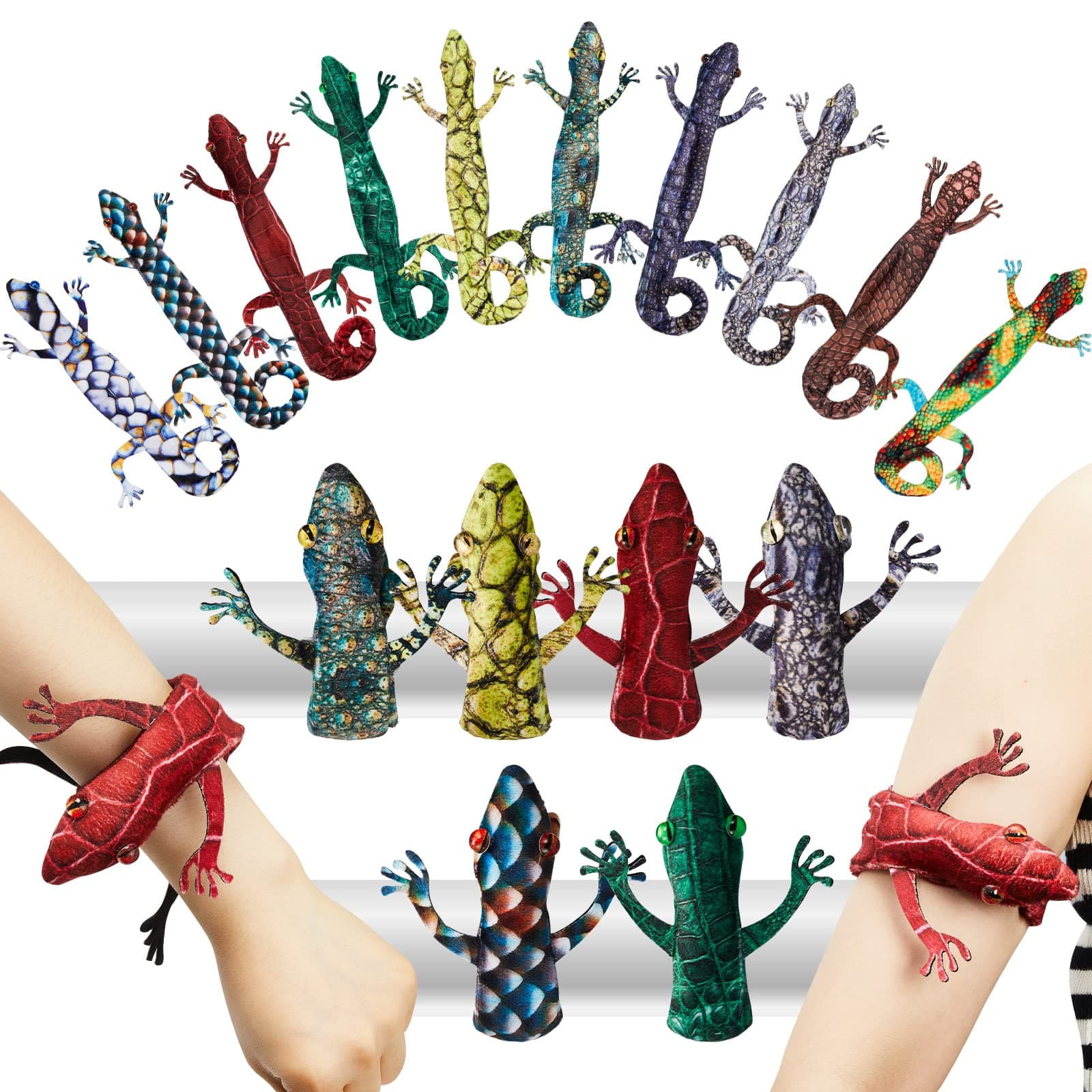 Chivao 10 Pieces Assorted Slap Lizard Snap Bracelet Sequin Animal Slap Bracelets for Easter Halloween Party Favors(Lizard Style)