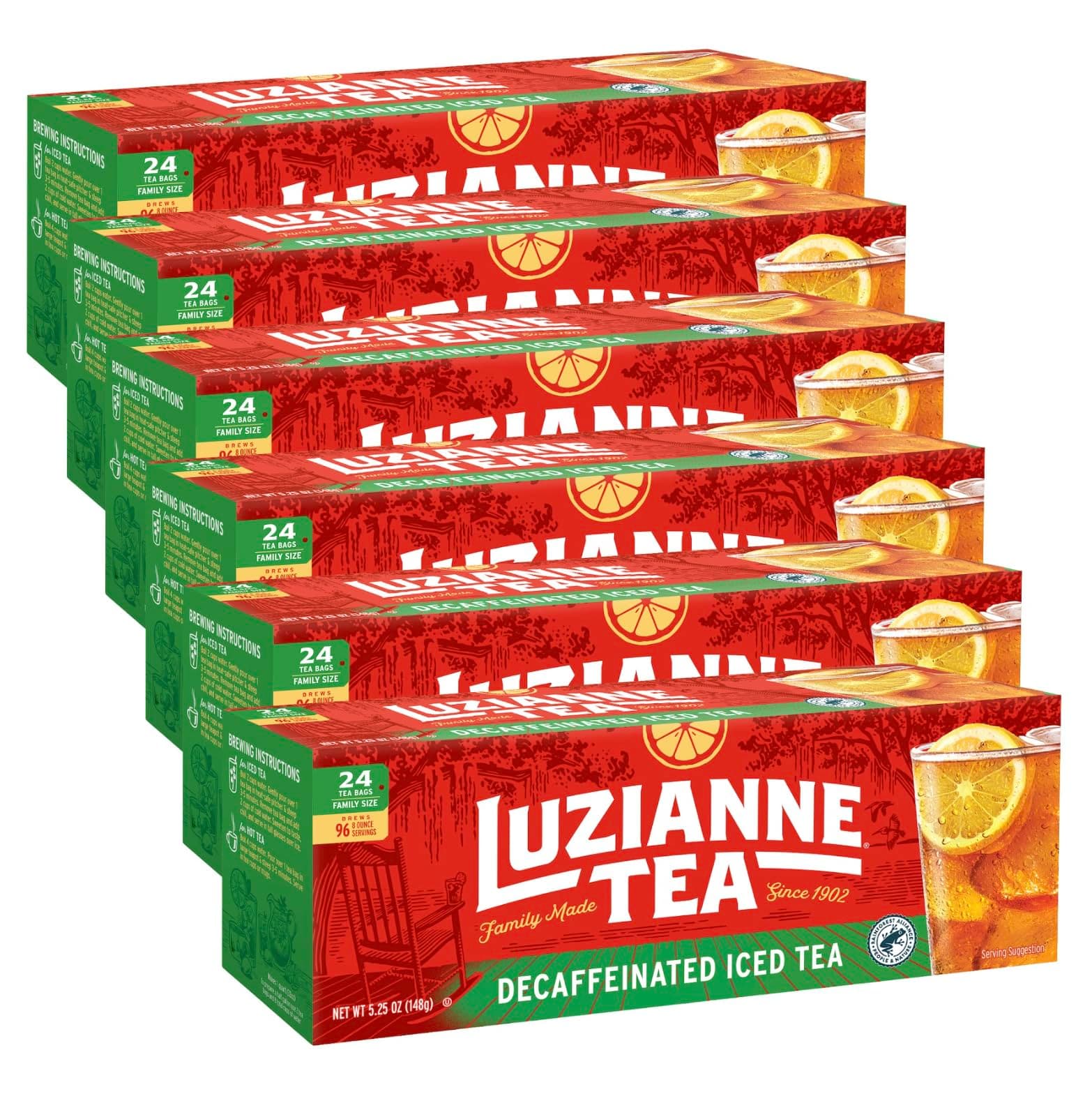 Luzianne Decaffeinated Iced Tea Bags, Family Size, 24ct Box (Pack of 6)