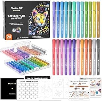 Automatic Ink Control Metallic Acrylic Paint Pens, 24 Colours Brush Tip Paint Marker Pens, Paint Pen for Rock Painting Ceramic, Wood, Glass, Stone, Art Marker Pen Set for DIY Art Supplies