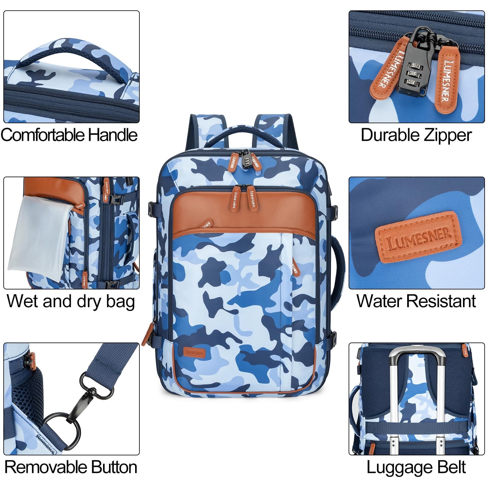 Travel Backpack 42L Carry on Backpack Flight Approved Expandable Travel Backpack Carry on Backpack Luggage Daypack (Blue Camouflage)