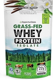 Opportuniteas Grass Fed Vanilla Whey Isolate Protein Powder – 22g Protein, Heavy-Metal Tested, Organic Cane Sugar & Organic Vanilla Flavor, Non-GMO, Hormone-Free, Sourced from Ireland, 1lb