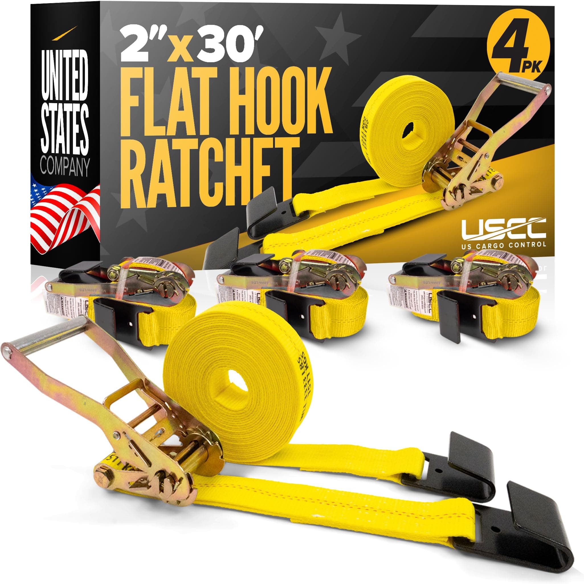 US Cargo Control 2 Inch Ratchet Straps Heavy Duty (4-Pack), 2" x 30' Flat Hook Ratchet Straps, 10,000 LBS Break Strength, Yellow Heavy Duty Tie Downs with Black Flat Hooks for Flatbed Trailers