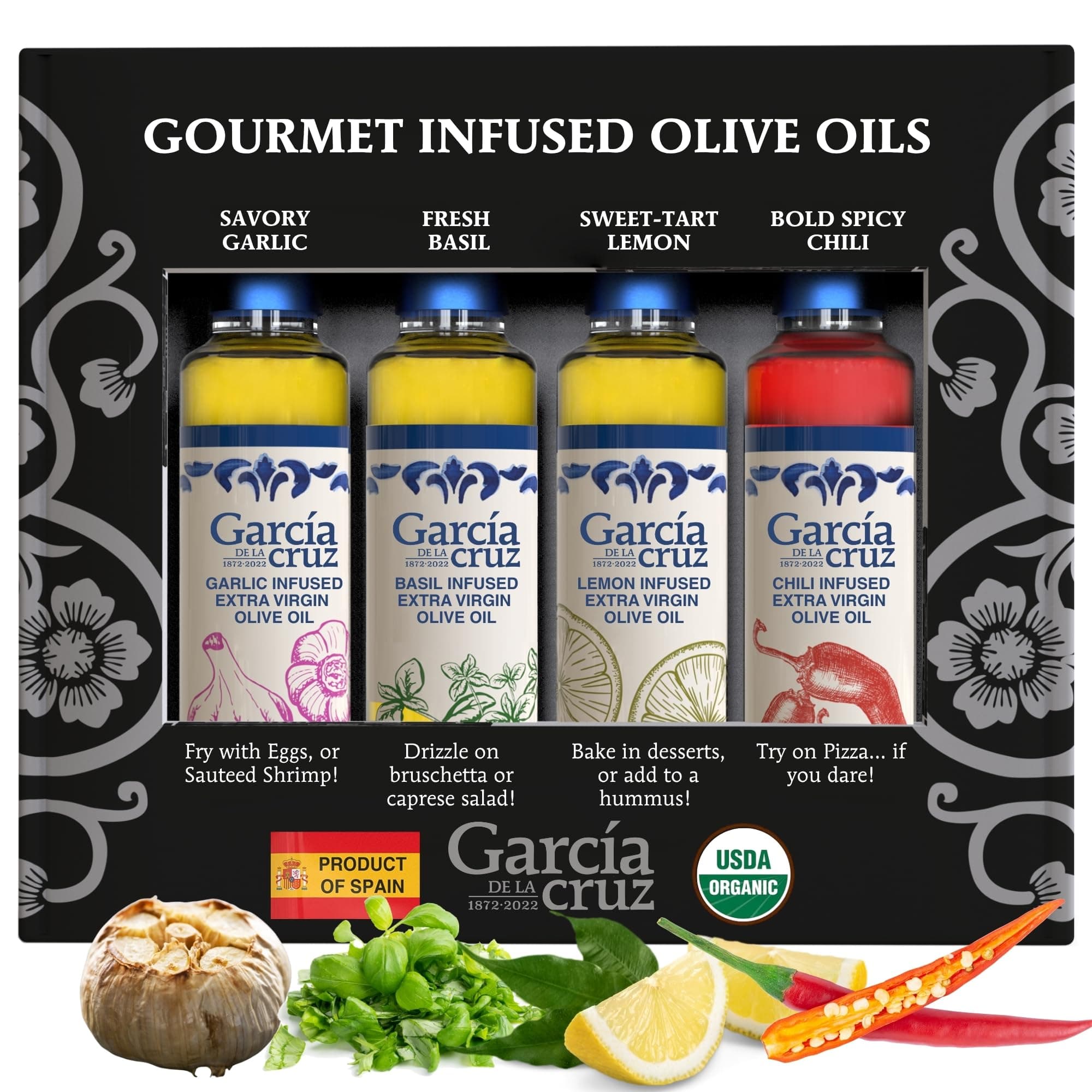 Organic Flavored Extra Virgin Olive Oil Gift Set, Garlic, Basil, Hot Chili, Lemon Infused - Pack of 4 x 8.5 oz glass bottles