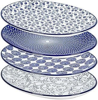Serving Platter, 14 Inch Large Serving Dishes for Entertaining, Oval Ceramic Serving Trays for Party, Steak, Cake, Dinner, Fruit, Oven Safe, Microwave Safe, Set of 4, Vintage Blue