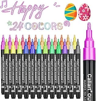 Caliart 24 Colors Outline Markers Shimmer Glitter Pens, Doodling Marker Set for Adults Artists, Cool Fun Craft Drawing Art Supplies, Easter Basket Stuffers Essentials