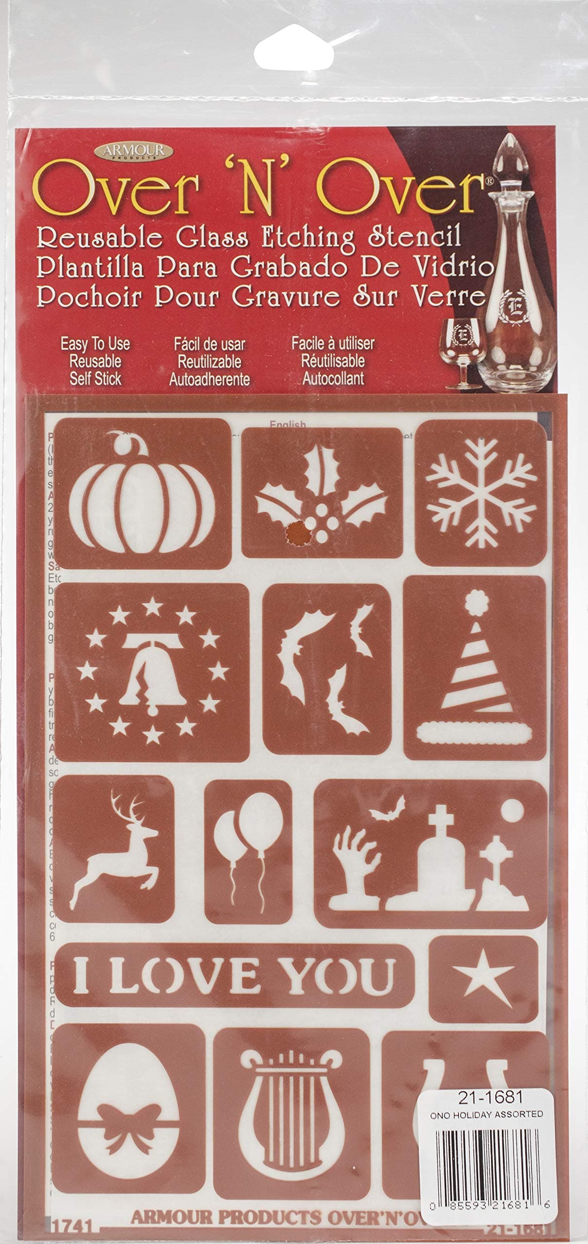 Over'N'Over Reusable Glass Etching Stencils – Durable Self-Stick Designs for Glass, Mirrors, and Ceramics with Armour Etch Cream – 5” x 8” Stencil Sheet - Assorted Holidays