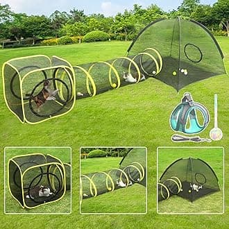 Wilwolfer Outdoor Cat Enclosures for Cats Indoor, Portable Cat Mesh Tent, Outdoor Cat Tunnel, Cat Playhouse with Adjustable Cat Harness and Leash for Walking, Colorful Tease Cat Ball for Small Animals