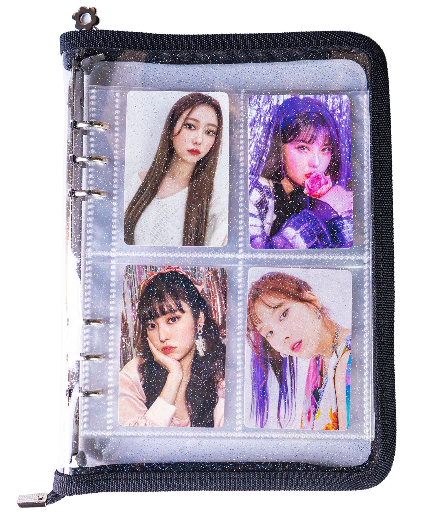 A5 Kpop Photocard Holder Book with 30 Pack 4-Pocket Refill Pages,6 Ring A5 Binder Card Album, 2.5x3.5 Photo Card Collector,A5 Binder Zipper Kpop Photocard Sleeves