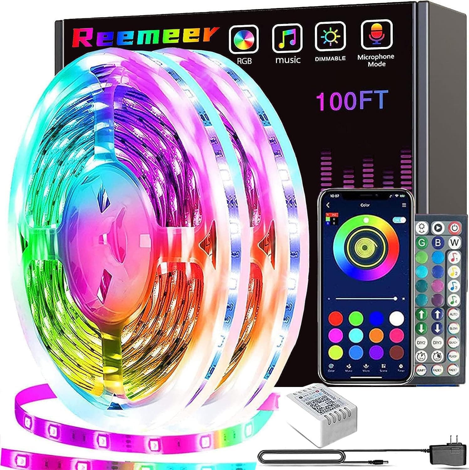 Led Lights 100ft Smart APP Control Music Sync Strip Lights RGB Color Changing Strips with Remote, for Bedroom Kitchen and Party