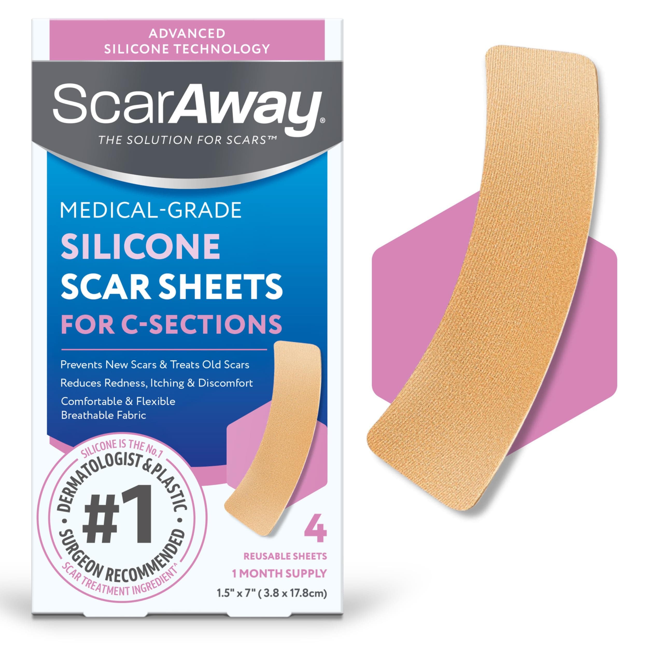 C-Section Scar Treatment Silicone Adhesive Soft Fabric 4-Sheets Strips (7x1.5in)