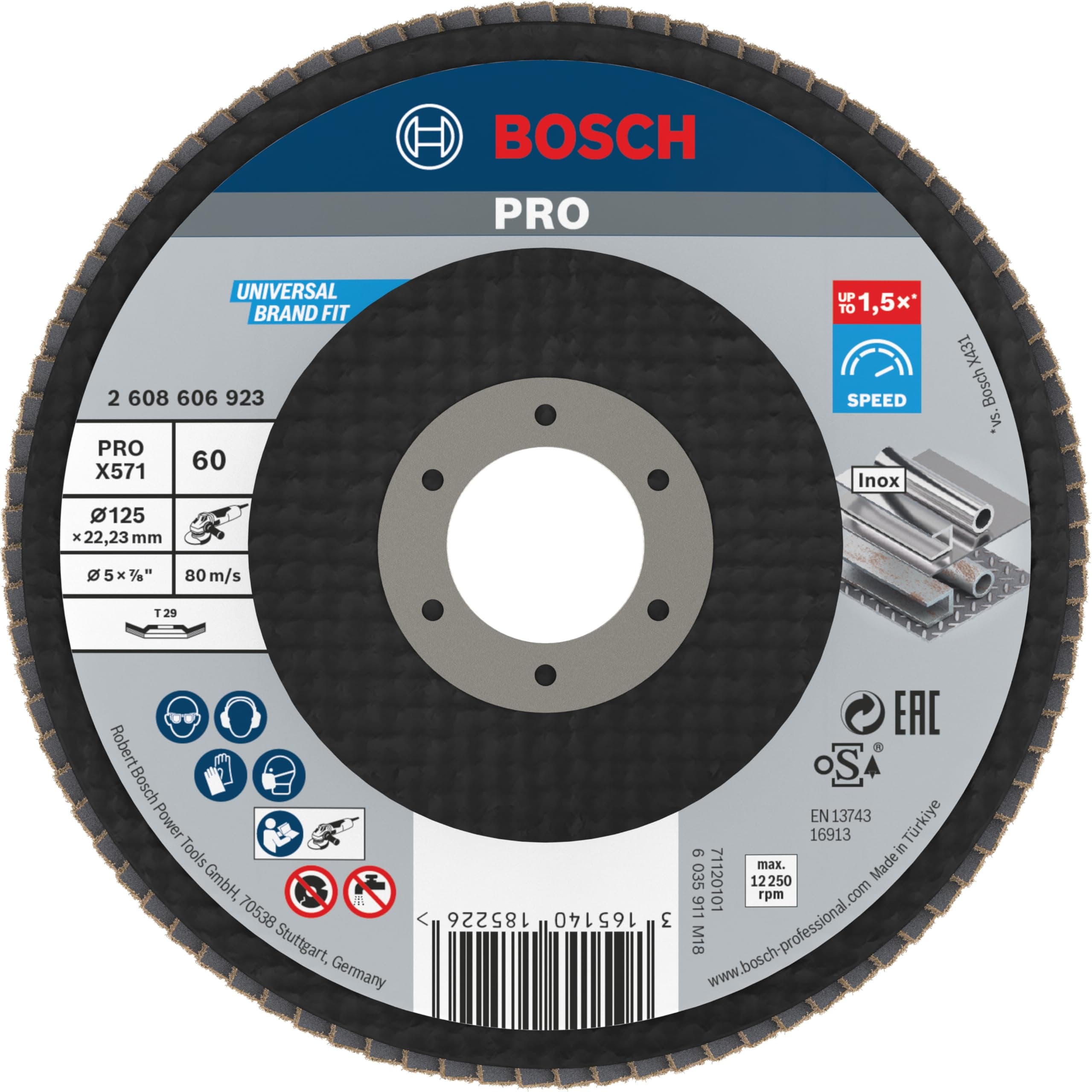 Bosch1x PRO Metal X571 Flap Disc Angled Version Fiber for Small Angle Grinders (for Steel, Stainless steel, Ø 125 mm, Grit 60, Professional Accessory Small Angle Grinder)