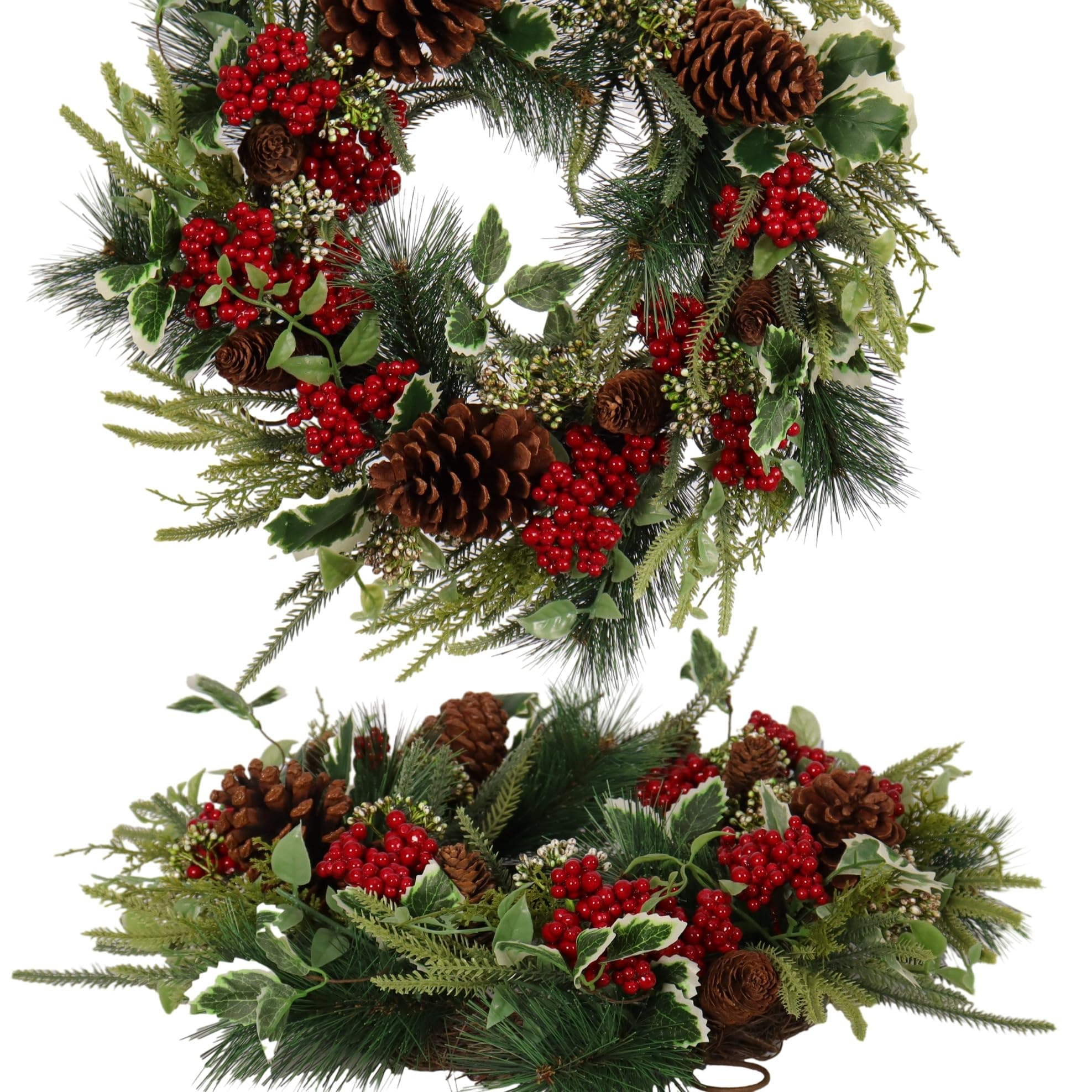 Christmas Wreath for Front Door 22 in– Artificial Pine with Red Berries and Pinecones, Full and Lush Holiday Door Decoration for Indoor/Outdoor Use – Handcrafted Festive Greenery Wreath