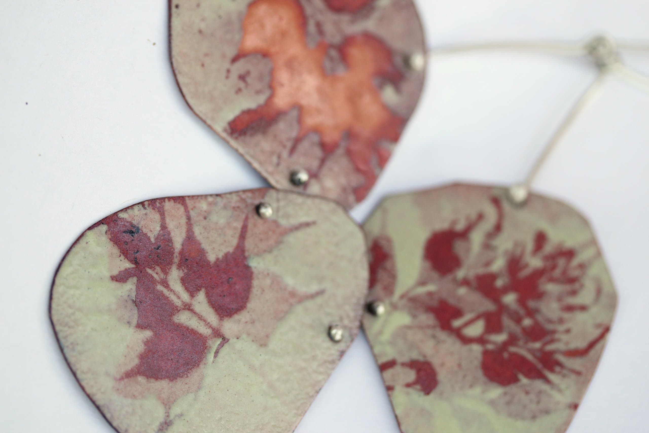 Enamel Necklace with Leaf Pattern and Sterling Silver Handmade Artisan Chain Botanical Design