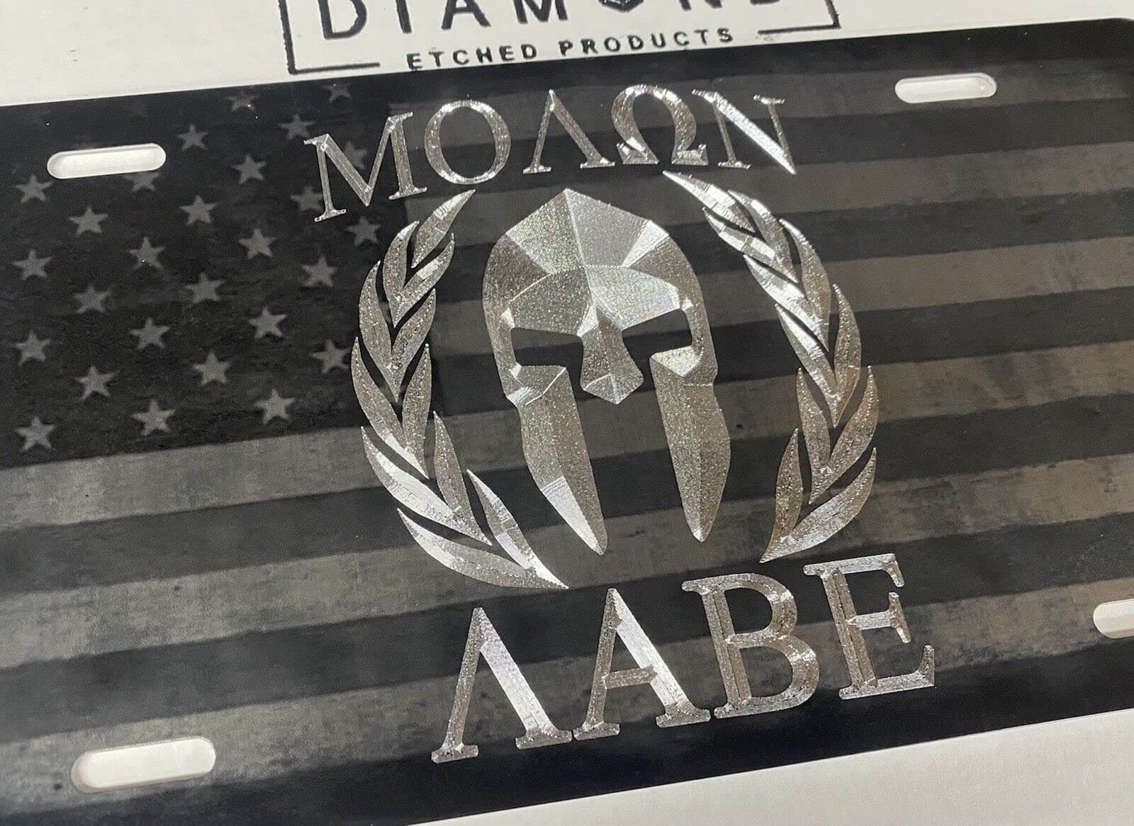 Engraved Molon Labe Combo Laser US Flag & Diamond Etched Car Tag License Plate