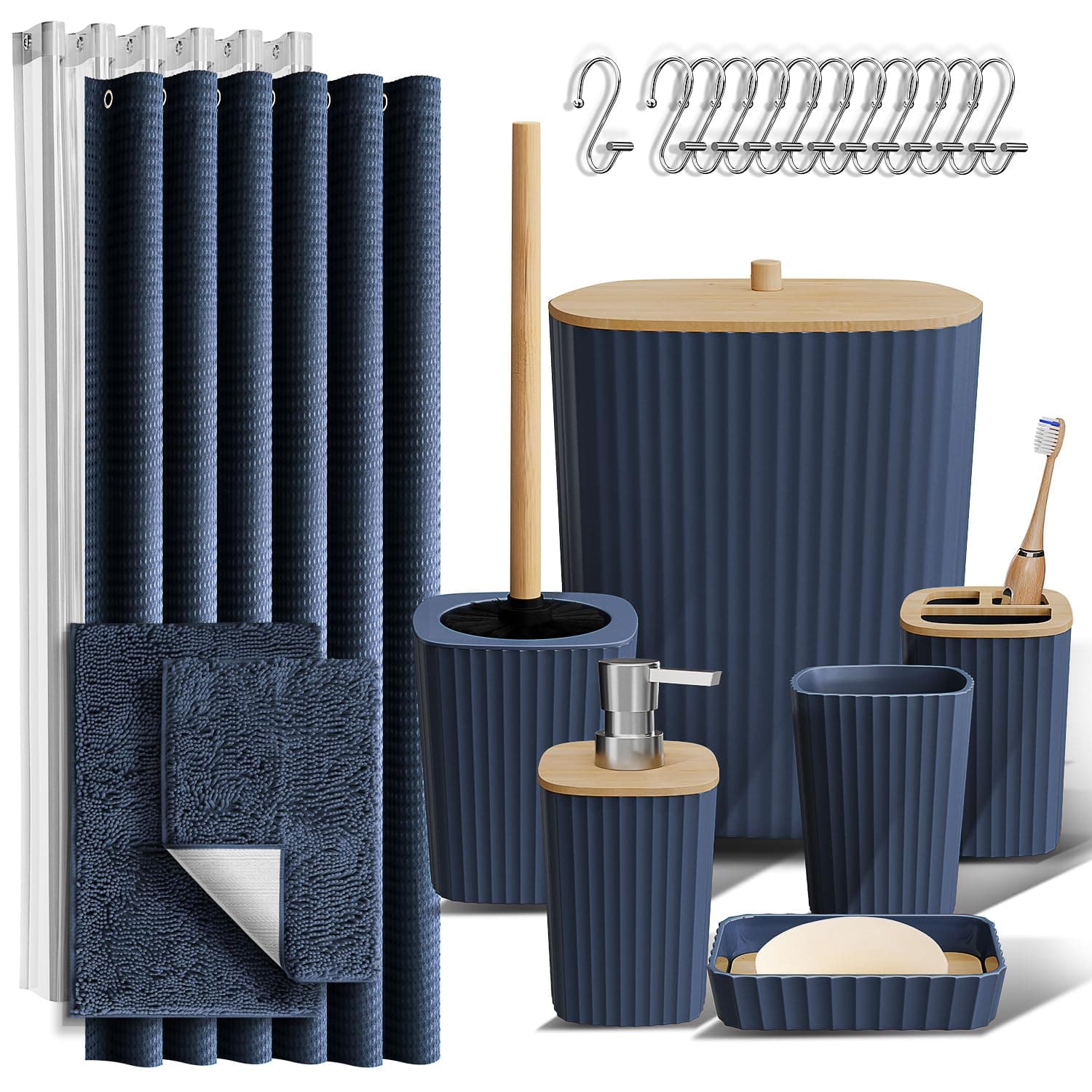 Bathroom Accessories Set - Bathroom Set, Bathroom Sets with Shower Curtain and Rugs, Shower Curtain Set with Bathroom Trash Can - Navy - 22PC