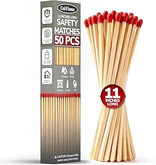 11-Inch Extra Long Wooden Safety Matches (1 Pack) - Ideal for Lighting Fireplace, Candles, Grills & Camping Firepits - Strike on Box - Heavy Duty Long Matches for Fireplace - 50 Count