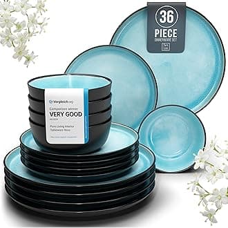 36 Piece Dinner Sets for 12 People - Beautiful Mediterranean Style Stoneware Dinner Set for 12 - Dishwasher & Microwave Safe Plates and Bowls Set for 6 - Dinnerware Sets by Pure Living in Aquamarine