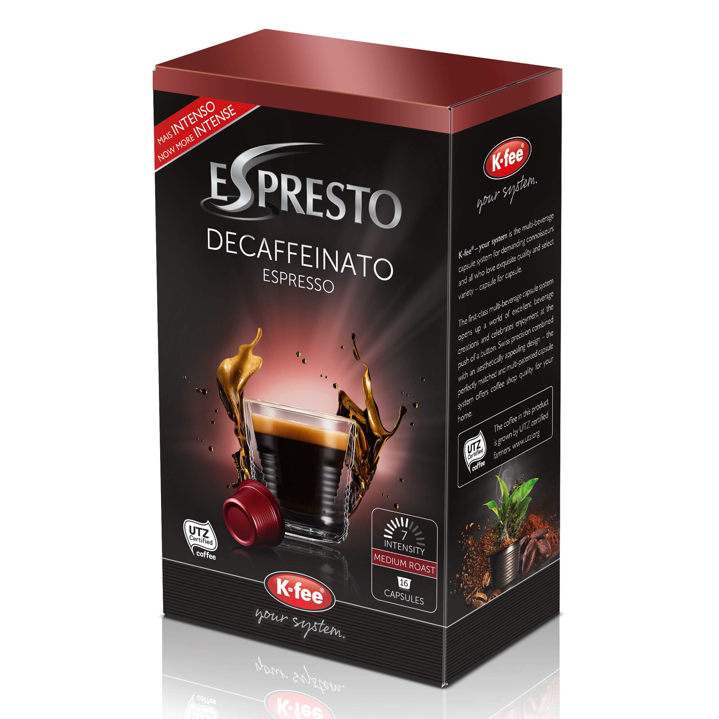 K-Fee Espresto Espresso Decaffeinated Coffee, Caffeine Free, Arabica, Intensity 7, Set of 6, 6x 16 Capsules