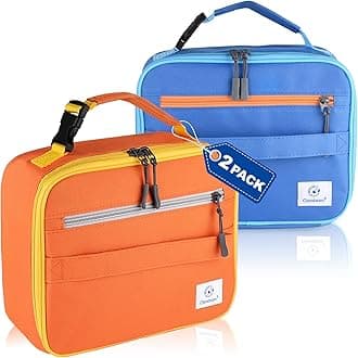 2 Packs Insulated Soft Lunch Bag With Double Zipper - Sturdy, Freezable and Reusable for Kids, Men - For School, Work, Outdoor (B-2pk Blue+Orange)