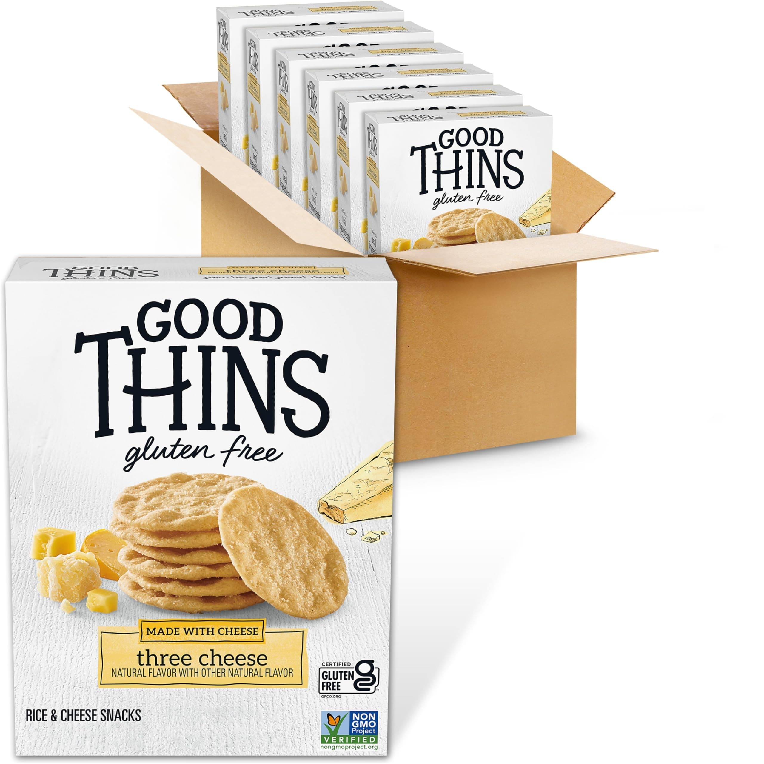 - Good Thins Three Cheese Rice & Cheese Snacks Gluten Free Crackers, Bulk Snack Crackers, 6 - 3.5 oz Boxes