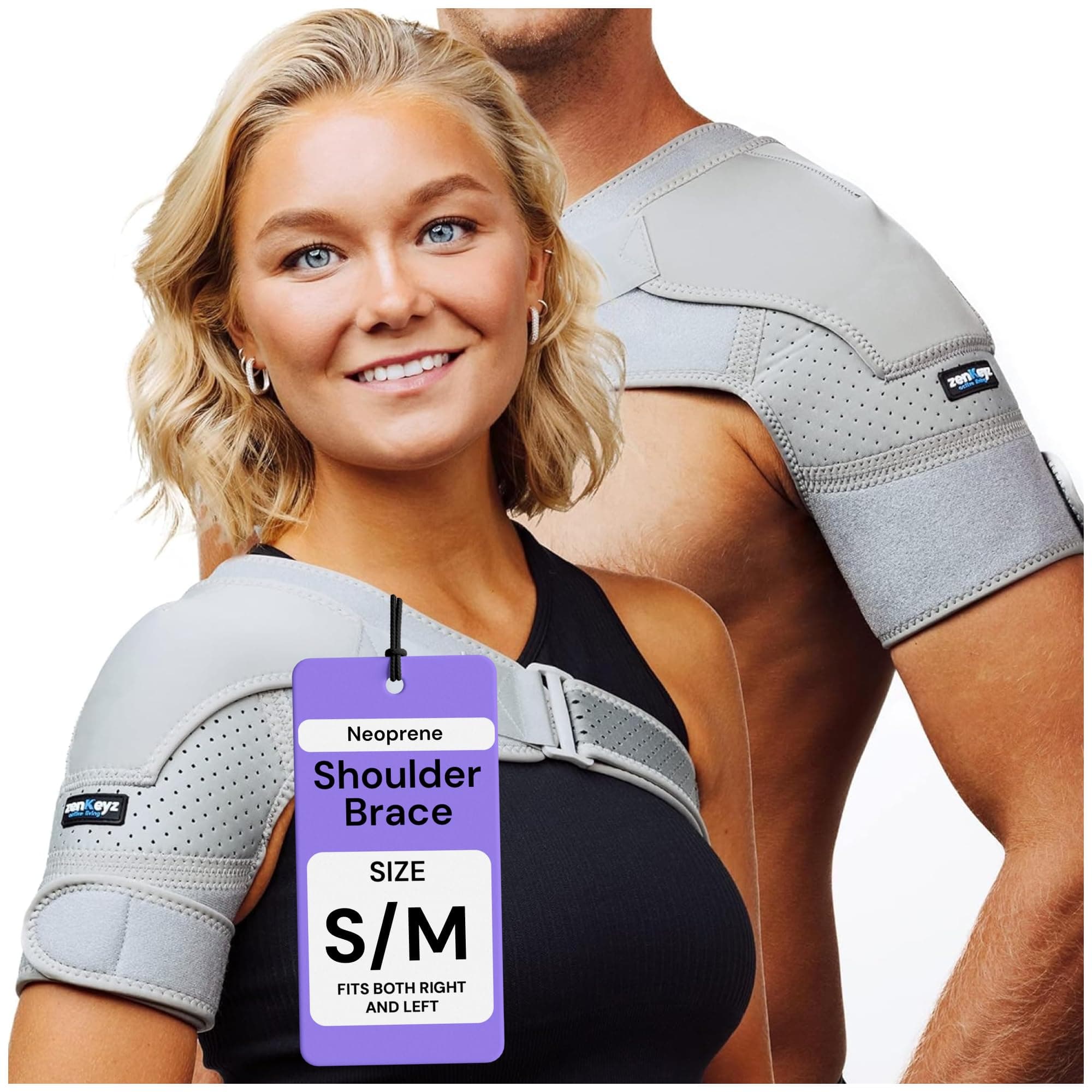 ZENKEYZ Shoulder Brace for Men & Women - Size S/M (Chest 28-38") - Gray Neoprene Compression Sleeve - Adjustable Strap for Rotator Cuff & Joint Stability - Integrated Ice/Heat Pocket - Ambidextrous Support