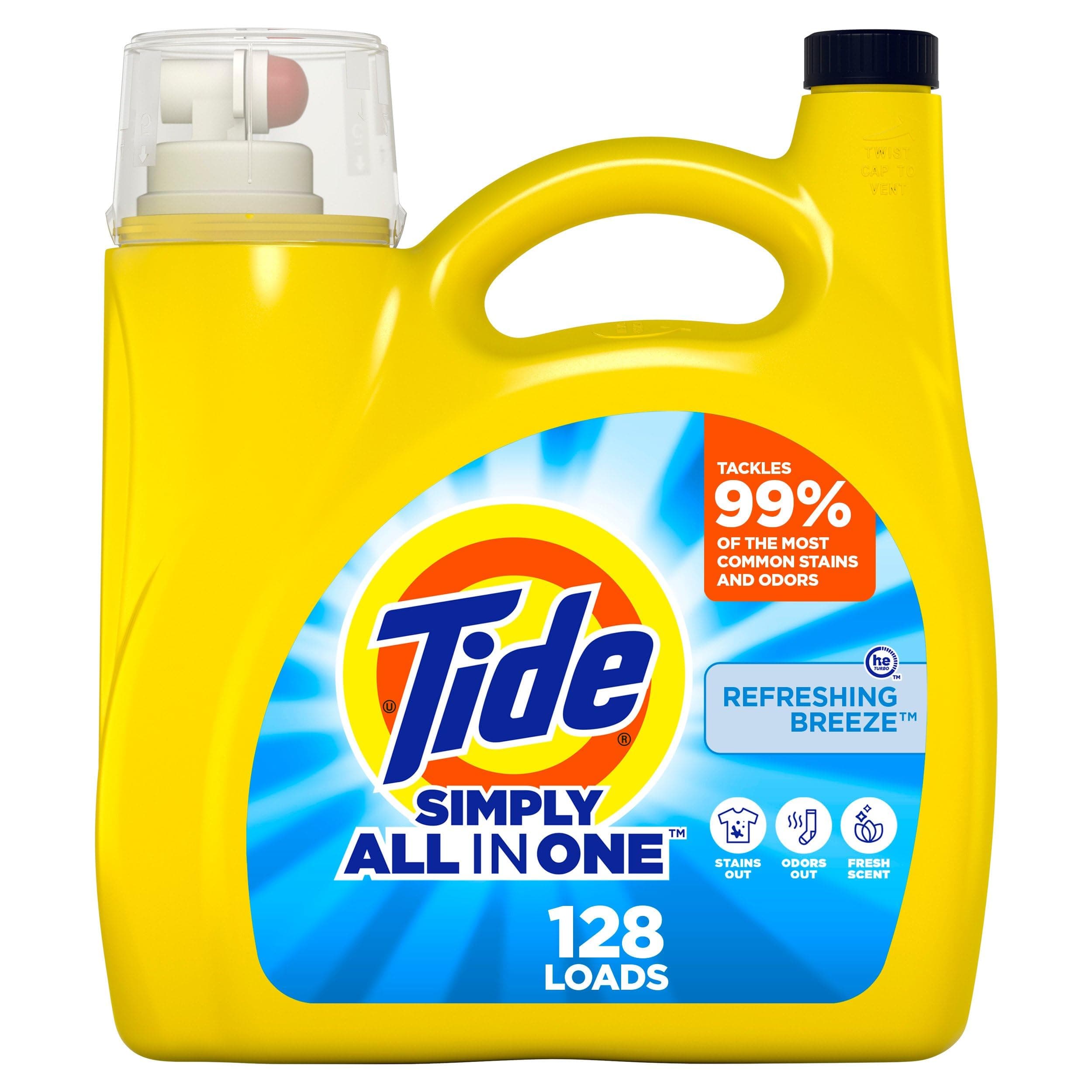 Tide Simply All-In-One Liquid Laundry Detergent, Refreshing Breeze Scent, 128 Loads, 168 fl oz