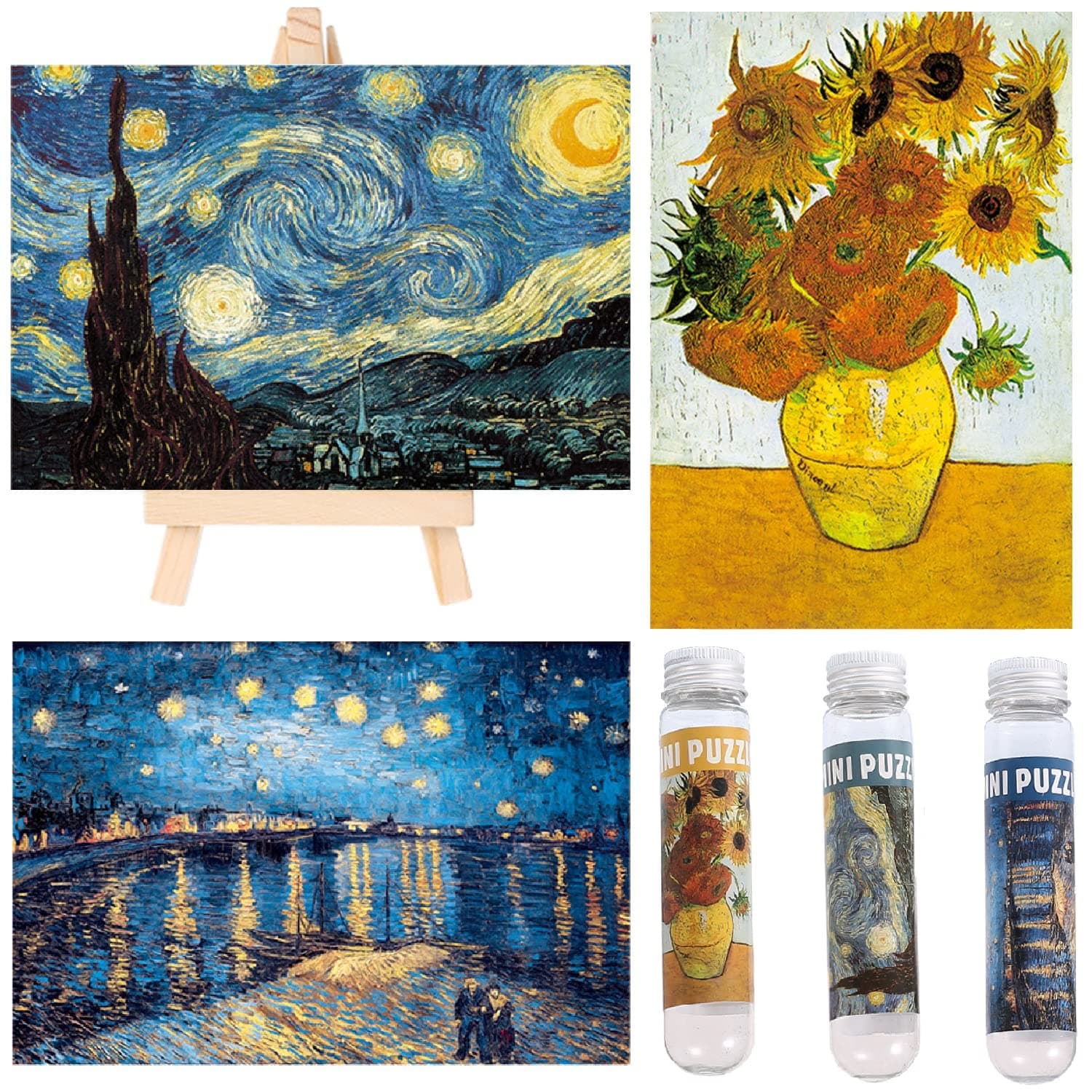 Small Puzzle for Adults, Challenging Puzzle, Small Puzzles, Mini Jigsaw Puzzles for Adults, 150 Pieces, Starry Night, Rhone, River, Sunflower, 6 x 4 Inch, 3 Pieces, Mini Easel in