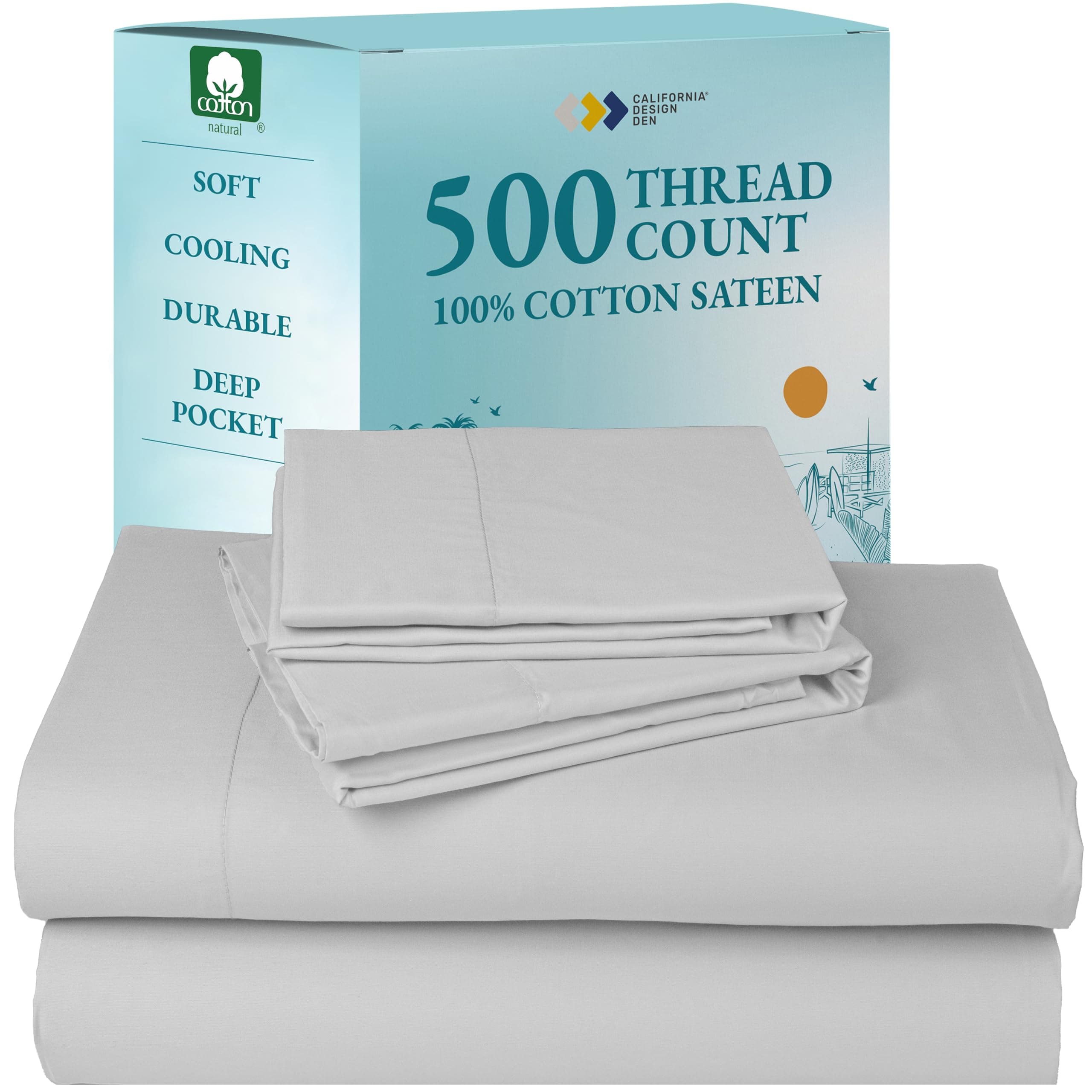 California Design Den - Finest Bed Sheets Queen Size Set, Soft 100% Cotton Cooling Sheets Deep Pockets Snug Fit Elastic, 500 Thread Count Sateen, Sheet Sets for Bed (Light Grey)