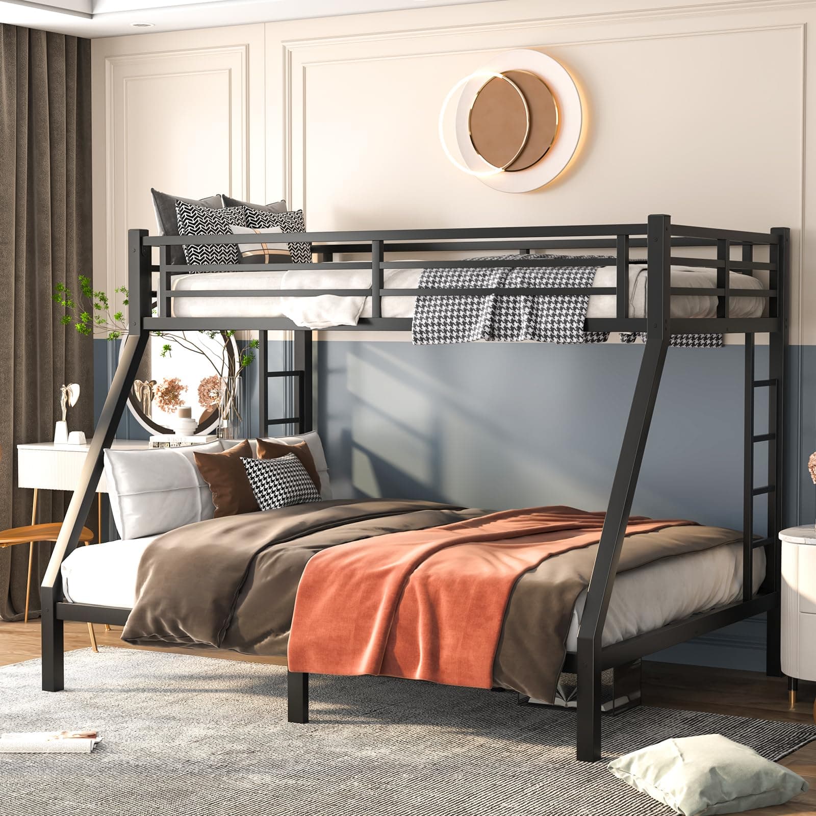 Twin XL Over Queen Bunk Bed, Metal Bunk Bed Frame Heavy Duty Bunk Beds Loft Bed Frame with Ladder and Guardrail Metal Slats No Box Spring Required for Adults Teens, Black