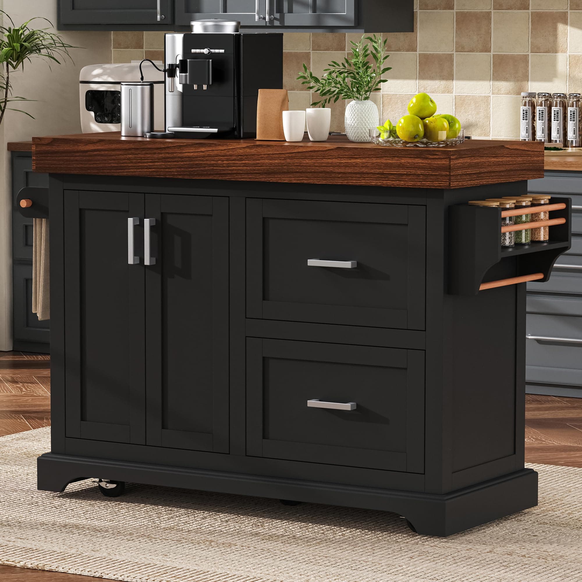 LUMISOL Kitchen Island with 3.5" Thick Desktop, 53" Rolling Kitchen Cart with 2 Extra-Large Drawers, Spice and Towel Racks, Mobile Island Table on Wheels with Storage for Dining Room, Black