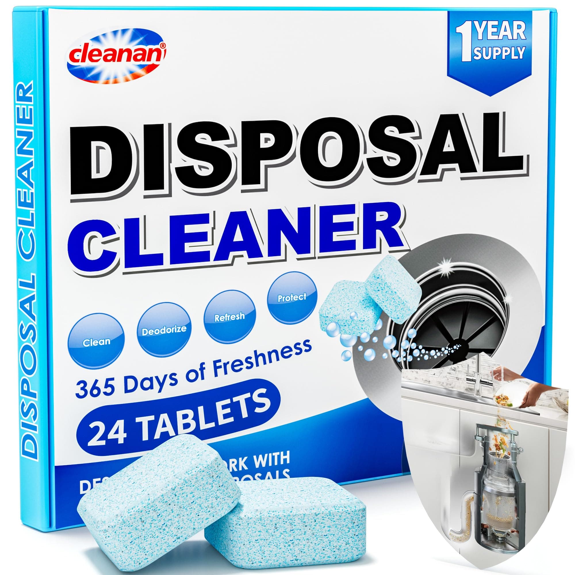 Foaming Garbage Disposal Cleaner and Deodorizer Tablets-24 Pack Food Disposal Cleaner, Quickly Eliminates Odors, XL Powerful Foaming Action, Refreshing Lemon Scent, Natural Ingredients, 1 Year Supply
