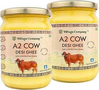 Village Company A2 Cow Desi Ghee 500ML Pack of 2 | Gir Ghee Vedic Bilona Method | Organic Pure Natural | Two Way Curd Churned - Best Farm Fresh Grass Fed Cattle Milk | India Lab Certified | Glass Jar