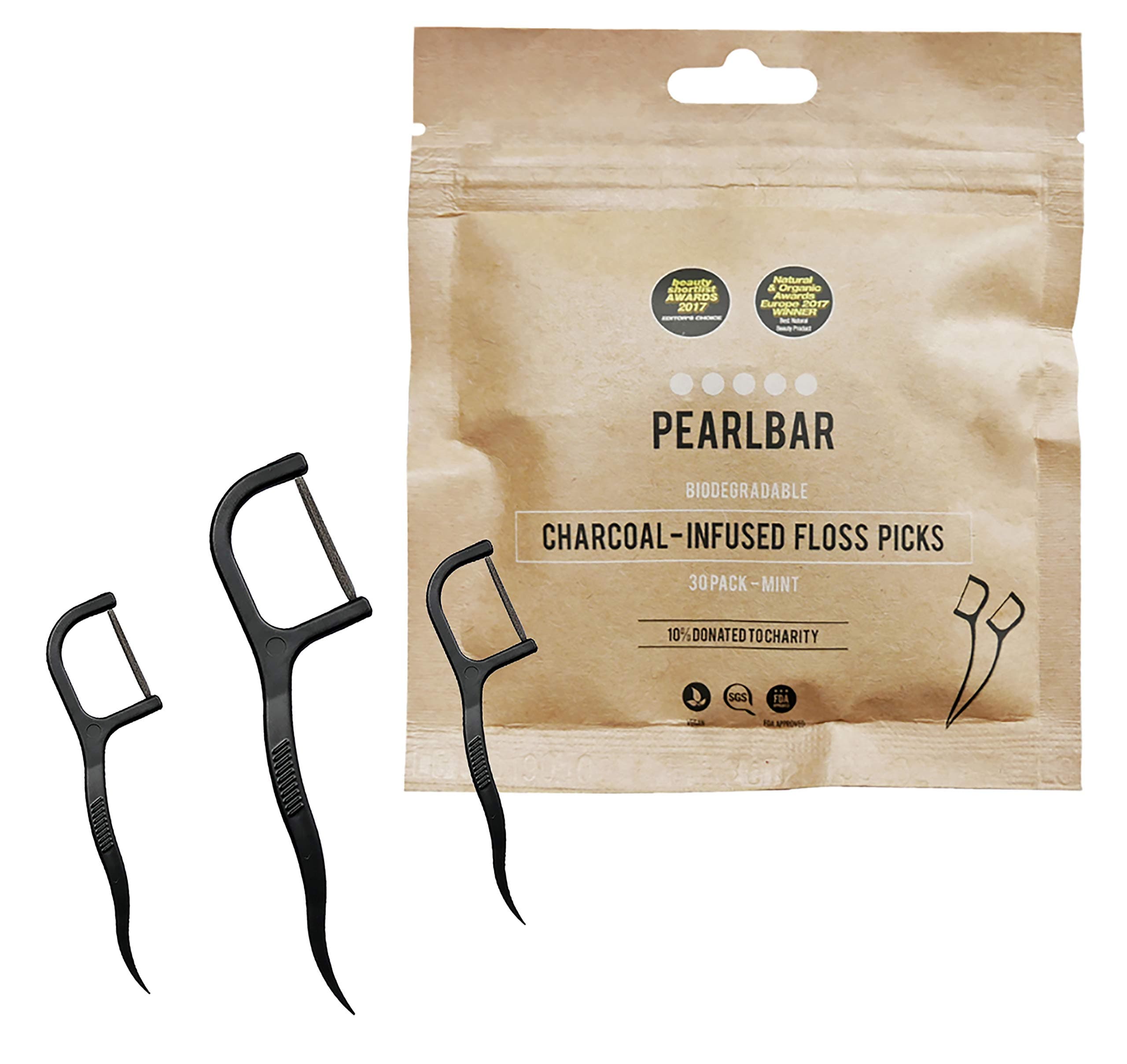 PearlBar Planet-Loving Charcoal Floss Picks - 30 pack - 100% biodegradable