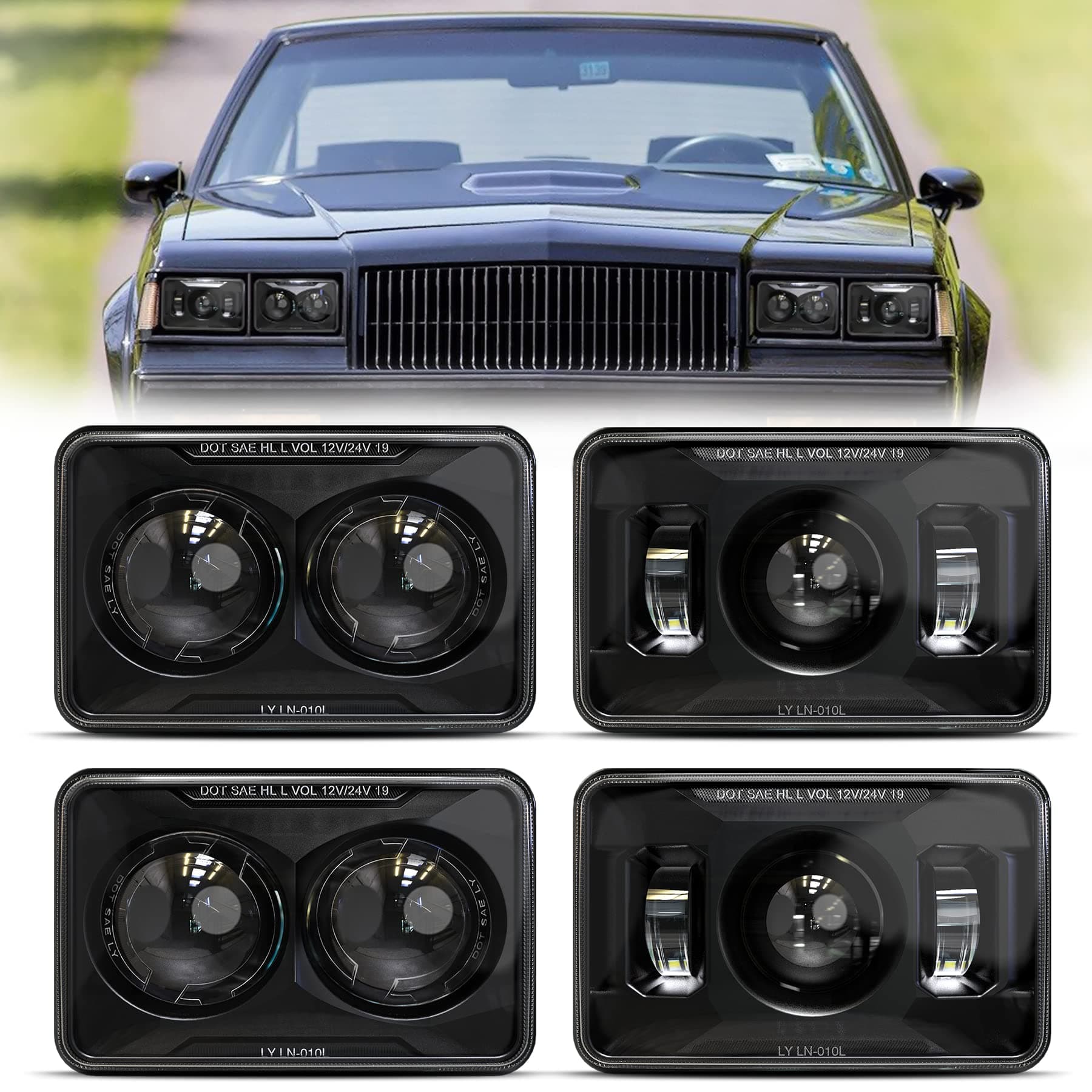 4X6 LED Headlights Hi/Lo Beam Compatible with Peterbilt 379 Kenworth T800 T600 Freightinger Ol-dsmobile Cutlass H4656 H4651 H4652 H4666 H6545 Rectangular Headlight DOT Approved - Black