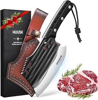 Huusk Butcher Knife for Meat Cutting, Japanese Meat Cleaver with Sheath, Hand Forged Chopping Knife with Full Tang Handle, Heavy Duty Bone Cleaver for Cooking Camping, Gifts Idea Men