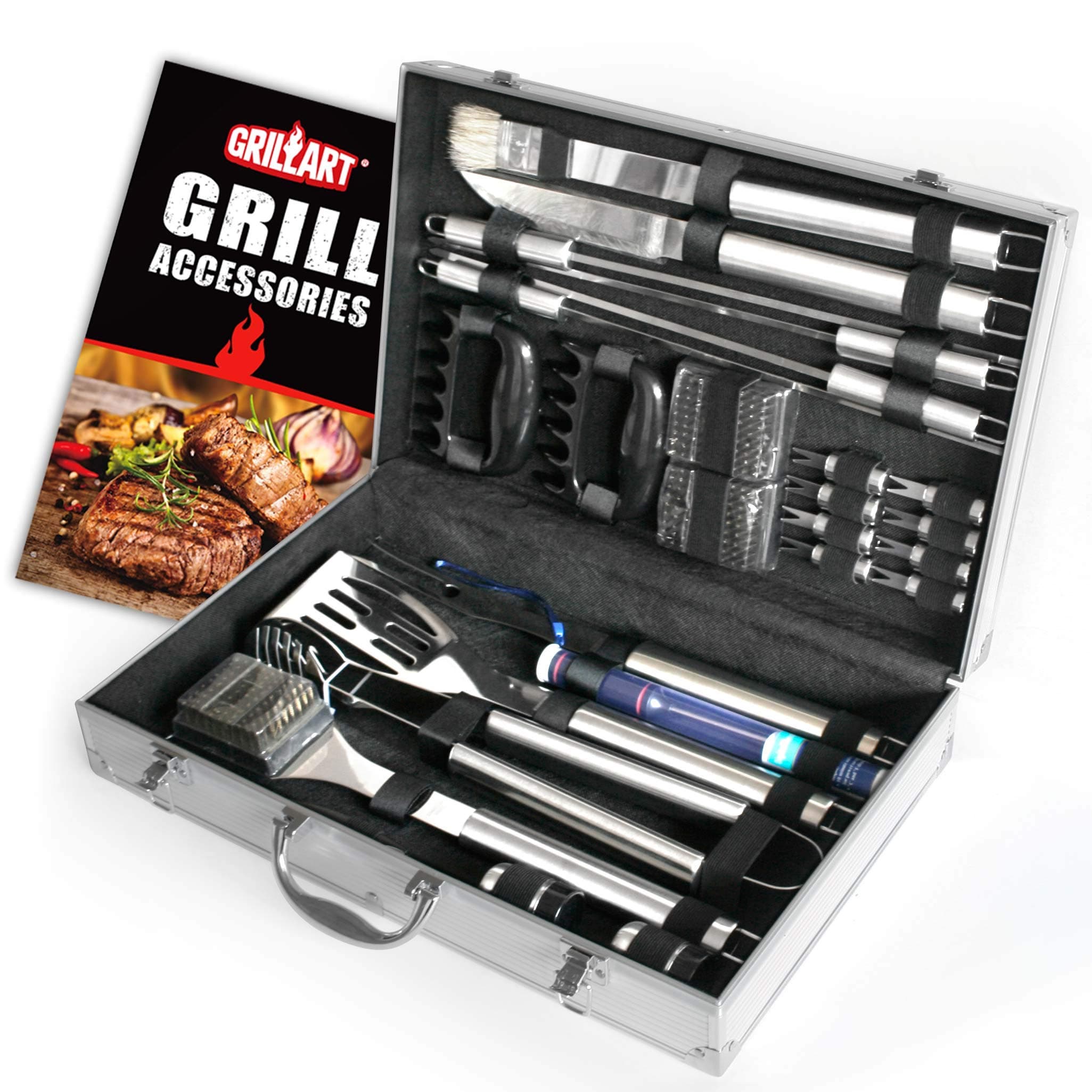 Vysta 29 Piece Grill Accessories Tools Set - BBQ Utensils with Carrying Case - Stainless Steel Outdoor Cooking Grilling - Barbeque Kit Includes Meat Thermometer, Brushes, Barbecue Scraper and Tongs