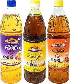 Rani Premium Oils Combo Set of 3 - Peanut Oil, Mustard Oil, Sesame Oil 33.8 Ounce (1 Liter) ~ Cold Pressed | 100% Natural | Kosher | NON-GMO | Vegan | Gluten Free