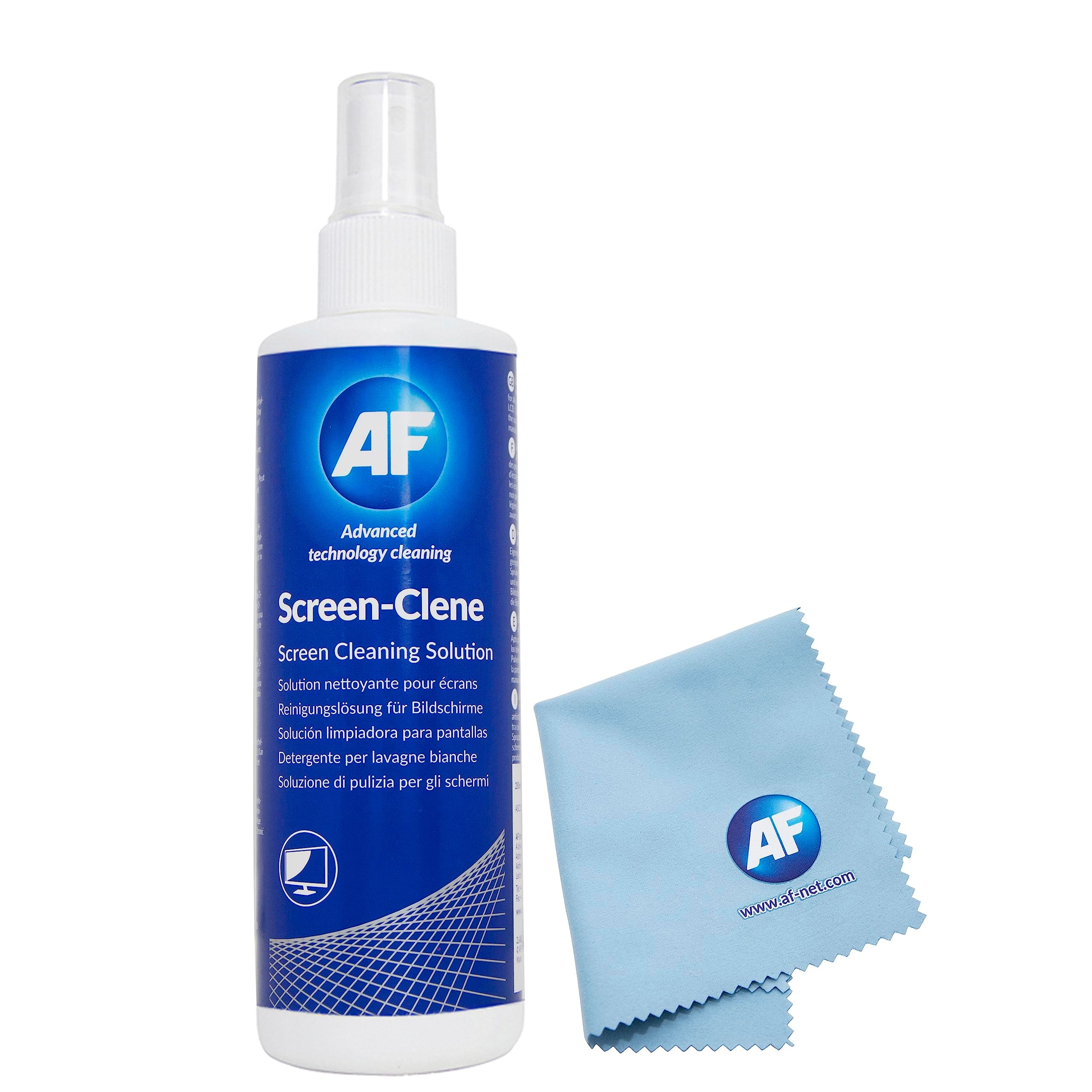 AF Screen Cleaner Solution 250ml and Small Premium Cloth - Ideal for TV's, PC's, Laptops Tablets & Phone's
