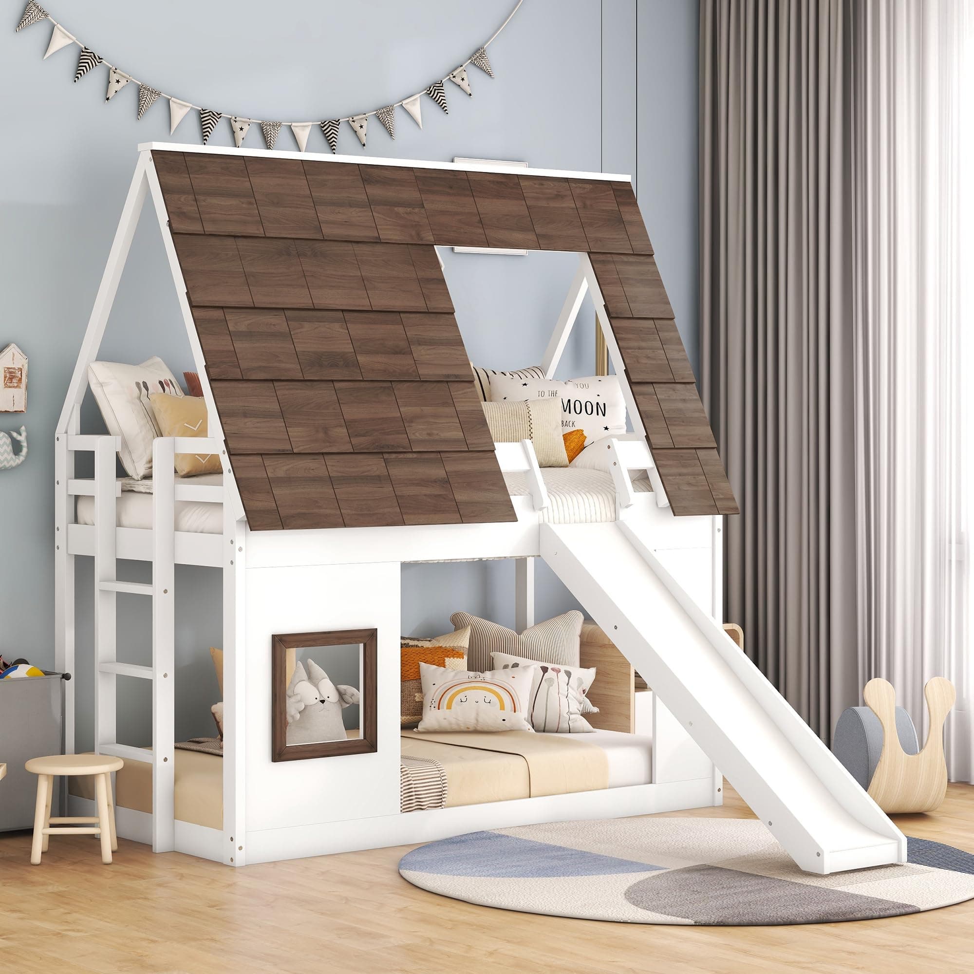 Bunk Bed Twin Over Twin, Bunk Bed with Slides and Stairs, House Bunk Bed with roof, Twin bunk Bed for Kids, Teens, Kids bunk beds, White+Brown