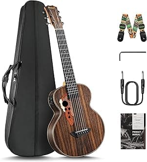 30inch Caramel CB904G Ebony Wood Electric Guitalele Small Guitar Kit Beginner Guitarlele Starter Bundle Strings, Padded Gig Bag, Strap Set (Ebony)