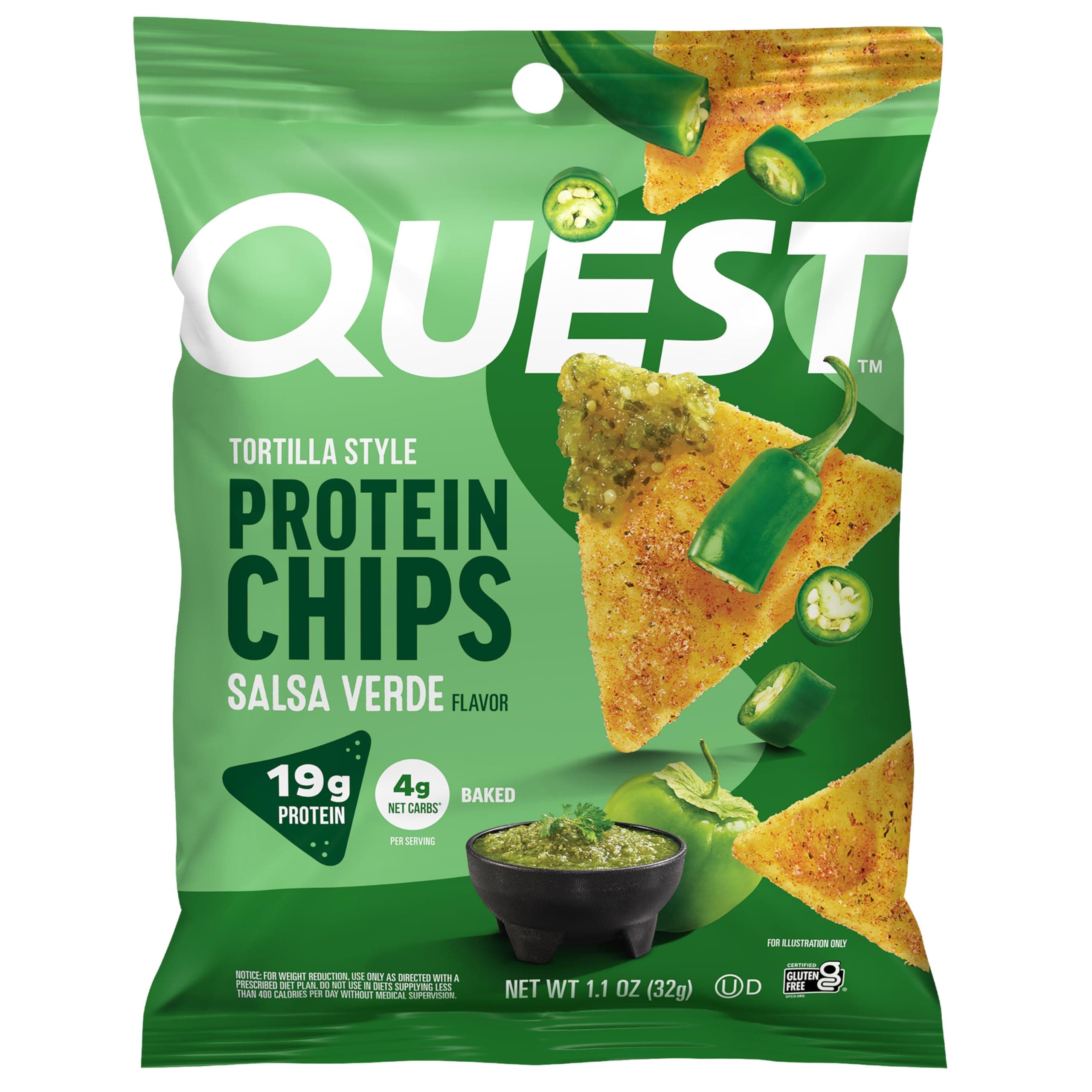 Quest Nutrition Tortilla Style Protein Chips, Salsa Verde, 19g Protein, 4g Net Carbs, Gluten Free, 31.2g (Pack of 12)