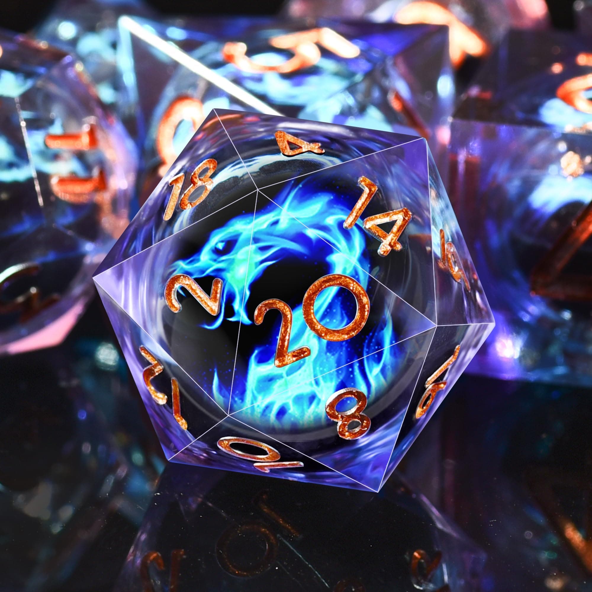 AUSTOR 7 Die DND Dice Set - Blue Flame Dragon Resin Dice (D20, D12, D10, D8, D6, D4) with Case