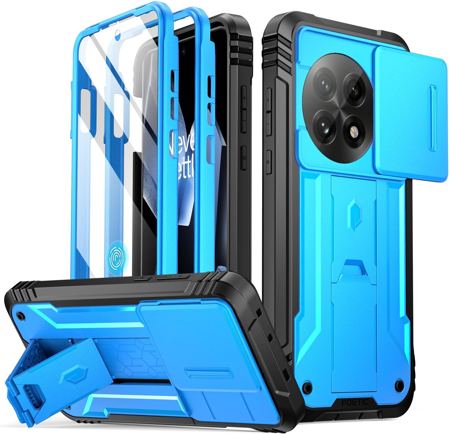 Poetic Revolution Case for OnePlus 13 5G, [Slide Camera Cover]，Built-in Screen Protector [Work with Fingerprint ID], [2 Front Frame] Full Body Rugged Shockproof Protective Case with Kickstand, Blue