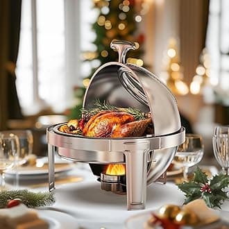 WARMOUNTS Roll-Top Chafing Dishes for Buffet with Glass Window (6QT) - Round Food-Grade Stainless Steel Chafers for Catering with Rolled Rim Design, for Party, Banquet (Full Size Food Pan)